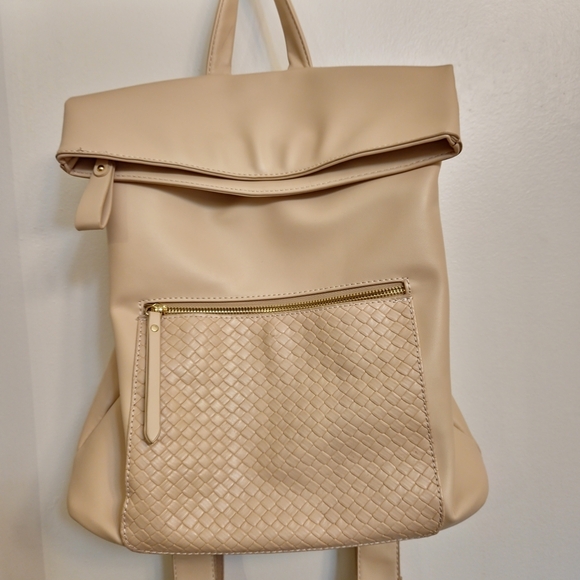 Minimalist Cream Faux Leather Roll-Top Backpack - Woven Pocket - Fits Tablet - Picture 6 of 8
